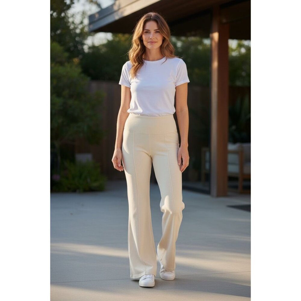 Athena Marie Womens L Cream Wide-Leg Pants High-Waist Stretchy Tummy Control